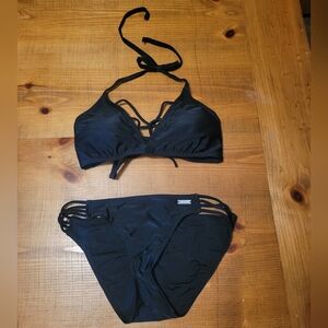 Lascana Strappy Black 2 Piece Bikini Swimsuit Size S Halter Tie Top